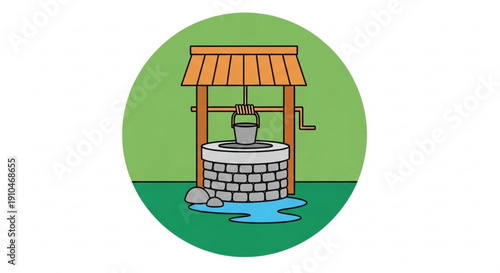 Illustration of a traditional stone well with wooden roof and bucket surrounded by green grass and rocks