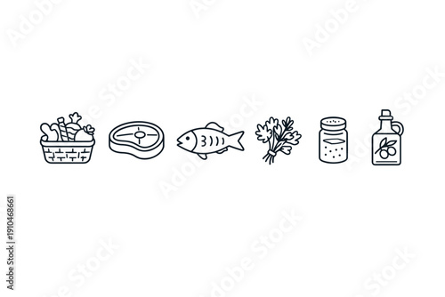 Minimal line icons of groceries including fresh vegetables in a basket, raw steak, whole fish, herbs, seasoning jar, and cooking oil bottle on white