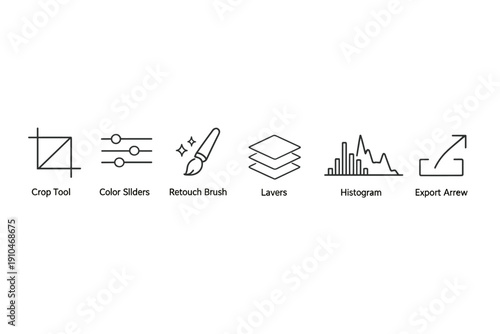 Minimalist photo editing toolbar icons on gray blurred background, featuring crop, color sliders, retouch brush, layers, histogram, and export tools