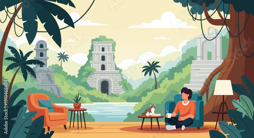 Cozy relaxation with a dog beside ancient ruins and lush jungle
