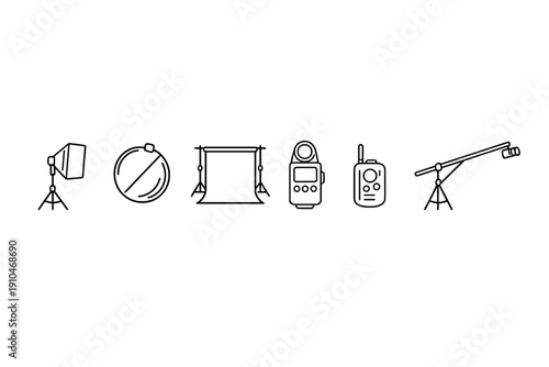 Minimal line icons of photography and film studio equipment featuring light, reflector, backdrop stand, light meter, remote trigger, and telescope