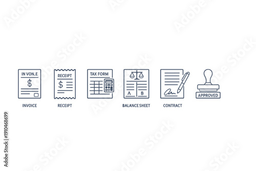 Minimal finance and legal document icons set featuring invoice, receipt, tax form, balance sheet, contract signing, and approved stamp on gray background