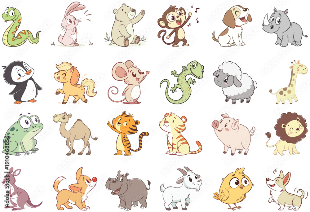 Obraz premium Collection of cute cartoon baby animals with dotted texture, hand drawn style