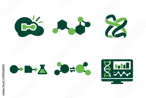 Green biotechnology and bioinformatics icons showing cloud chemistry, molecular structures, lab workflow, DNA analysis, and data monitoring dashboard