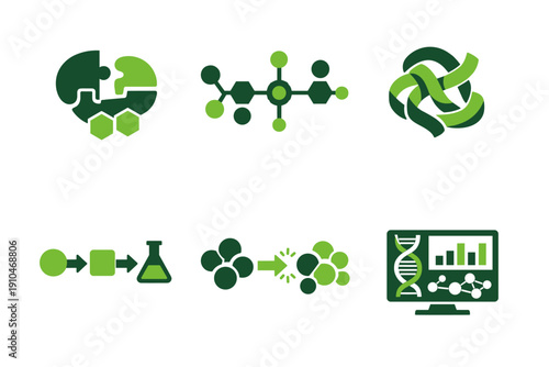 Set of green science and biotechnology icons featuring DNA analysis, molecular structures, laboratory flask, chemistry reactions, and bioinformatics dashboard