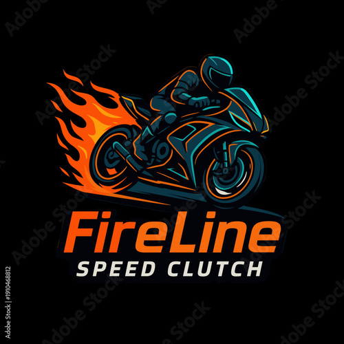 Fireline speed clutch emblem with motorcycle and fire elements. Ideal for motorcycle clubs, racing events, and automotiverelated businesses.