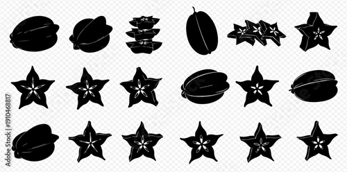 Star fruit carambola silhouettes set, whole and sliced tropical fruits, vector illustration.