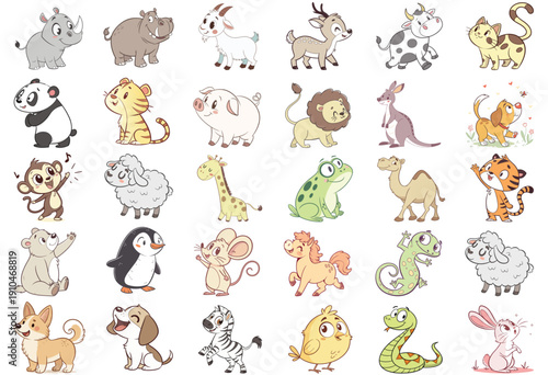 Collection of 30 cute cartoon baby animals for kids design and education