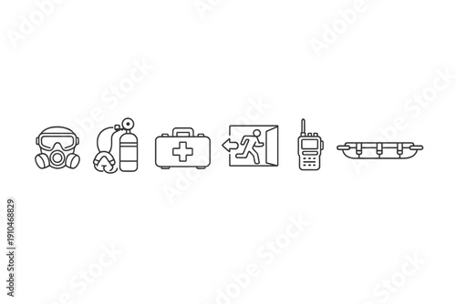 Minimal line icons for emergency preparedness showing gas mask, oxygen cylinder, first aid kit, exit sign, walkie-talkie, and stretcher