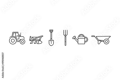 Minimal line icons of farming and gardening tools including tractor, plow, shovel, pitchfork, watering can, and wheelbarrow on white background