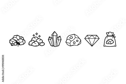 Minimal line art set of mining resources showing ore rocks, glittering nuggets, crystal cluster, gemstone boulder, cut diamond, and tied money bag icon