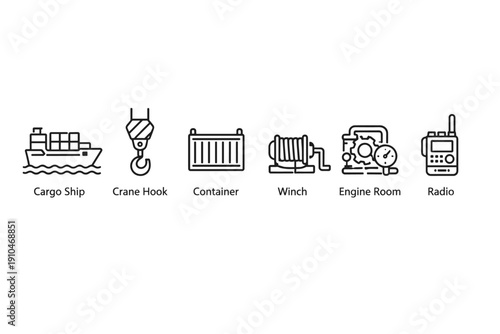 Minimal line icon set of maritime cargo operations showing cargo ship, crane hook, container, winch, engine room controls, and radio communication