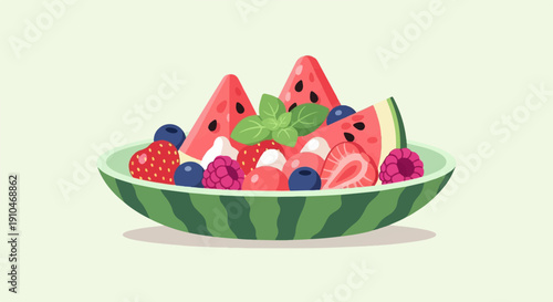 Colorful fruit salad in a watermelon rind bowl, topped with basil