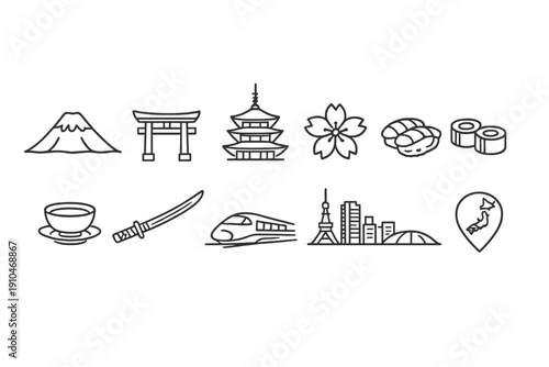 Minimal line icons depicting cultural travel elements including mountain, shrine gate, temple, blossom, food, tea, sword, train, skyline, and map pin