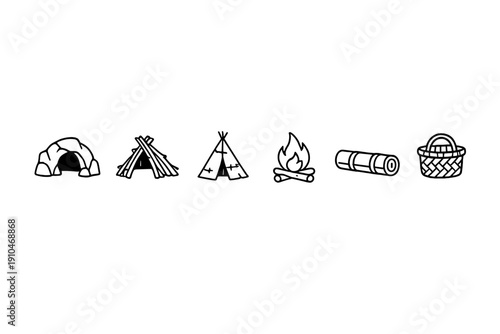 Minimal outdoor camping icon set on dark gradient background featuring tent, campfire, sleeping bag, basket, and shelter symbols