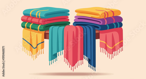 Colorful folded and hanging textiles with fringe detail on display