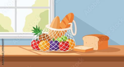 Colorful fruits and bread in a reusable bag on a wooden surface