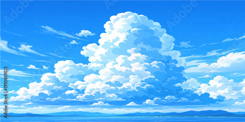 A beautiful clear blue sky with bright white clouds and sunlight creates a stunning summer nature cloudscape in the sunny atmosphere of a bright day