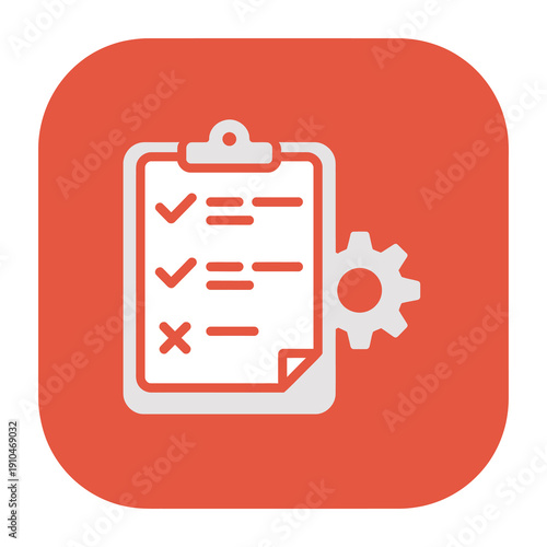 Red clipboard checklist with gear icon on white background icon