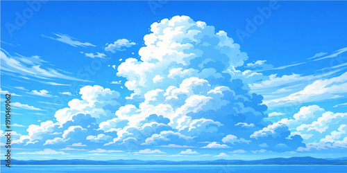 A beautiful summer day reflects white clouds across the blue sea and horizon as sunlight illuminates a bright cloudscape where the sky meets the ocean waves in a natural landscape