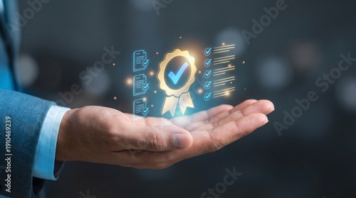 Business professional holding futuristic AI technology hologram with innovation and digital transformation icons in dark office