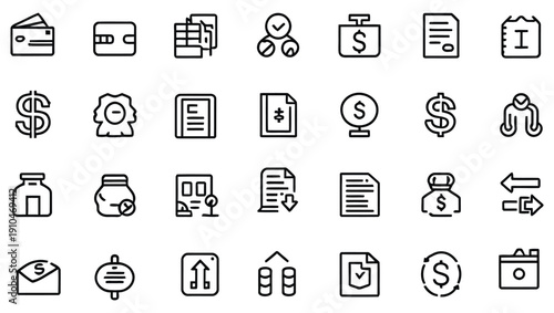 Collection of financial icons representing money banking and investment concepts