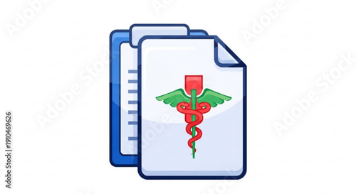 Medical documents with caduceus symbol on top healthcare concept red and green icon on white papers