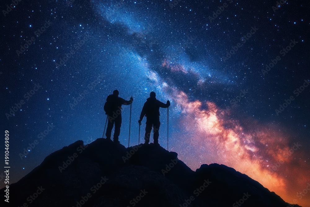 Fototapeta premium two silhouetted hikers with trekking poles and backpacks on a rocky summit beneath a vibrant milky way and star-filled night sky, evoking awe and wonder