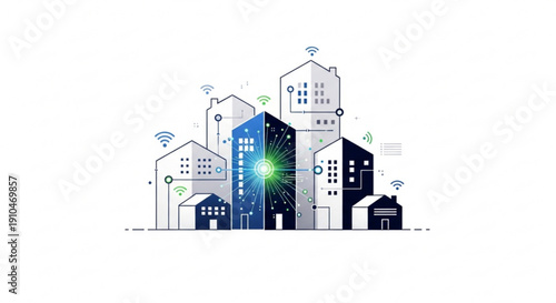 Modern cityscape with connected buildings and wireless technology futuristic urban landscape with smart city infrastructure and digital connectivity
