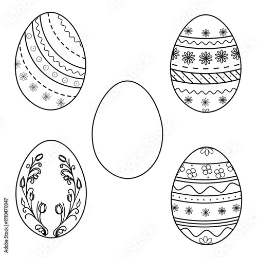 Easter egg with floral pattern, black and white sketch. Vector illustration. Collection of painted eggs, isolated on a white background. Concept of spring, Easter and Christian holiday