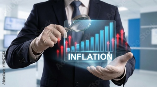 Business professional holding transparent digital inflation graph with rising red bars in modern office environment