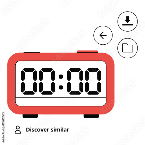Red digital alarm clock displaying zero hours and zero minutes icon