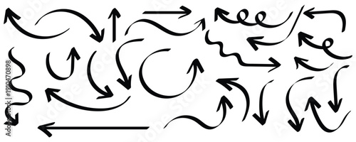 Doddle black arrow set, collection of hand drawn arrows, Arrow mark icons. Arrow set featuring curved, straight, dotted, and swirled arrows design. Arrow vector for creative design. Eps10