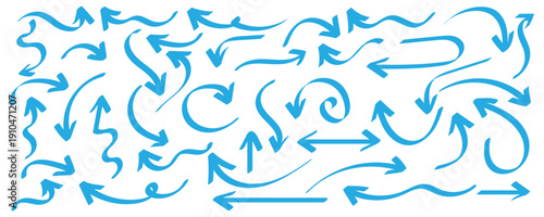 Hand drawn various directions doodle blue arrow set with dynamic directions, minimal black vector illustration for navigation, infographics, design elements and interfaces. Vector illustration. Eps10
