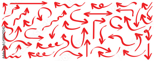 Squiggly red arrow set. Chalk elements in flat style. Doodle movement spiral arrows, scribble, lines. Hand drawn pencil brush for icon, children sketch. Vector illustration. Eps10
