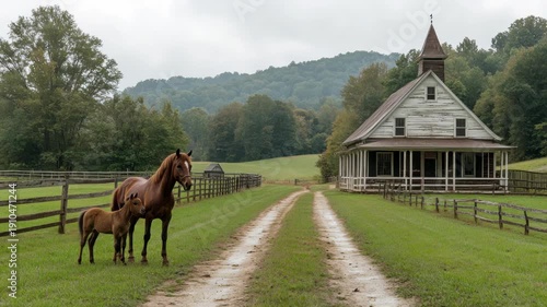 Wallpaper Mural A rural landscape features a horse and foal, country house, dirt road, and rolling green hills Torontodigital.ca