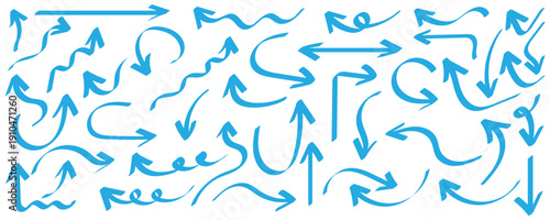 Hand drawn various directions doodle blue arrow set with dynamic directions, minimal black vector illustration for navigation, infographics, design elements and interfaces. Vector illustration. Eps10