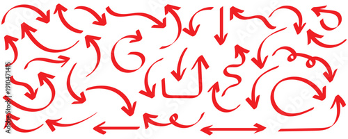 Squiggly red arrow set. Chalk elements in flat style. Doodle movement spiral arrows, scribble, lines. Hand drawn pencil brush for icon, children sketch. Vector illustration. Eps10