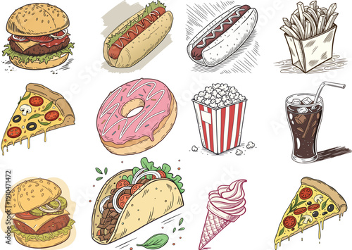 Collection of fast food items hamburger, hot dog, pizza slice, donut, soda, french fries, popcorn, taco, and ice cream cone, handdrawn sketch style