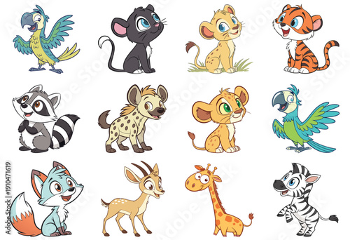 Collection of cute cartoon baby safari and jungle animals parrot, mouse, leopard cub, tiger cub, raccoon, hyena, lion cub, macaw, fox, gazelle, giraffe, and zebra