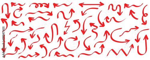 Set of different doodle arrow shapes . Hand drawn red doodle effect for design in presentations fun and lively visual with crayon texture brush effect. This icon set isolated on white background.Eps10