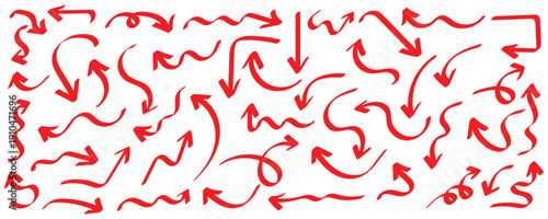 Set of different doodle arrow shapes . Hand drawn red doodle effect for design in presentations fun and lively visual with crayon texture brush effect. This icon set isolated on white background.Eps10