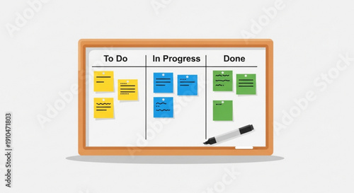 Task management board on a laptop screen with colorful sticky notes and marker