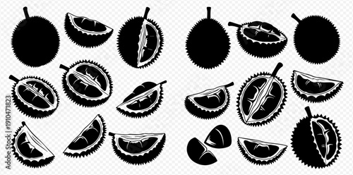 Durian fruit silhouettes set, whole and cut, showing thorny skin and inner pulp, isolated on transparent background.