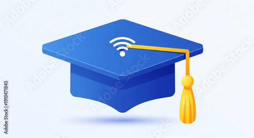 E learning graduation cap with wifi symbol and yellow tassel on blue background for online education and digital learning