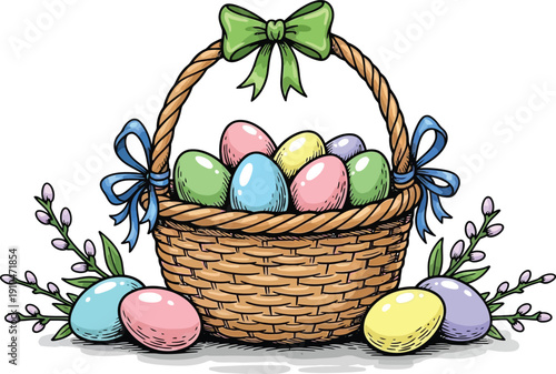 Colorful easter basket with decorative eggs and floral accents