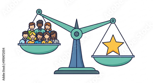 Diverse group of people weighed against a shining golden star on balance scale symbolizing fairness and equality