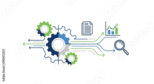 Business process management concept with gear cogs and workflow optimization elements on white background