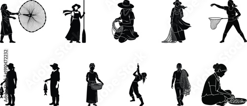 Collection of medieval and ancient silhouettes of people in various occupations