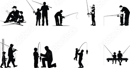 Silhouette illustrations of people fishing in various poses and settings